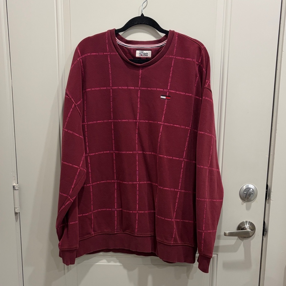 Tommy Hilfiger Men's Burgundy Grid Logo Crewneck Sweater